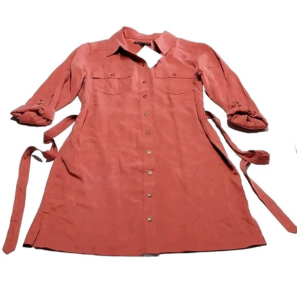 Banana Republic Women Size 0 Dusky Rose Button Front Tie Shirt Dress Lyocell New - Picture 2 of 11